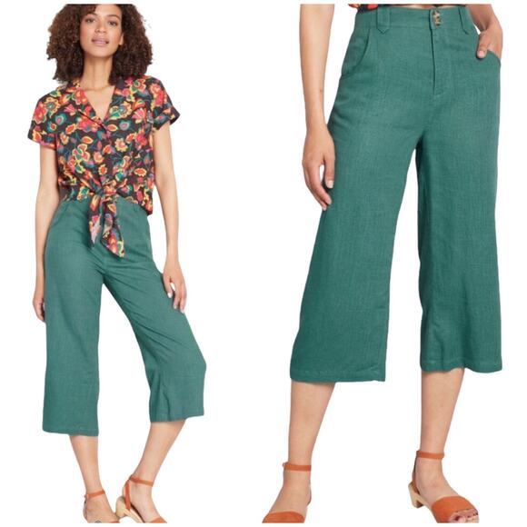 New Modcloth Green Join Joyfully Wide Leg Linen Blend Career Culottes Sz 26 - Picture 1 of 5